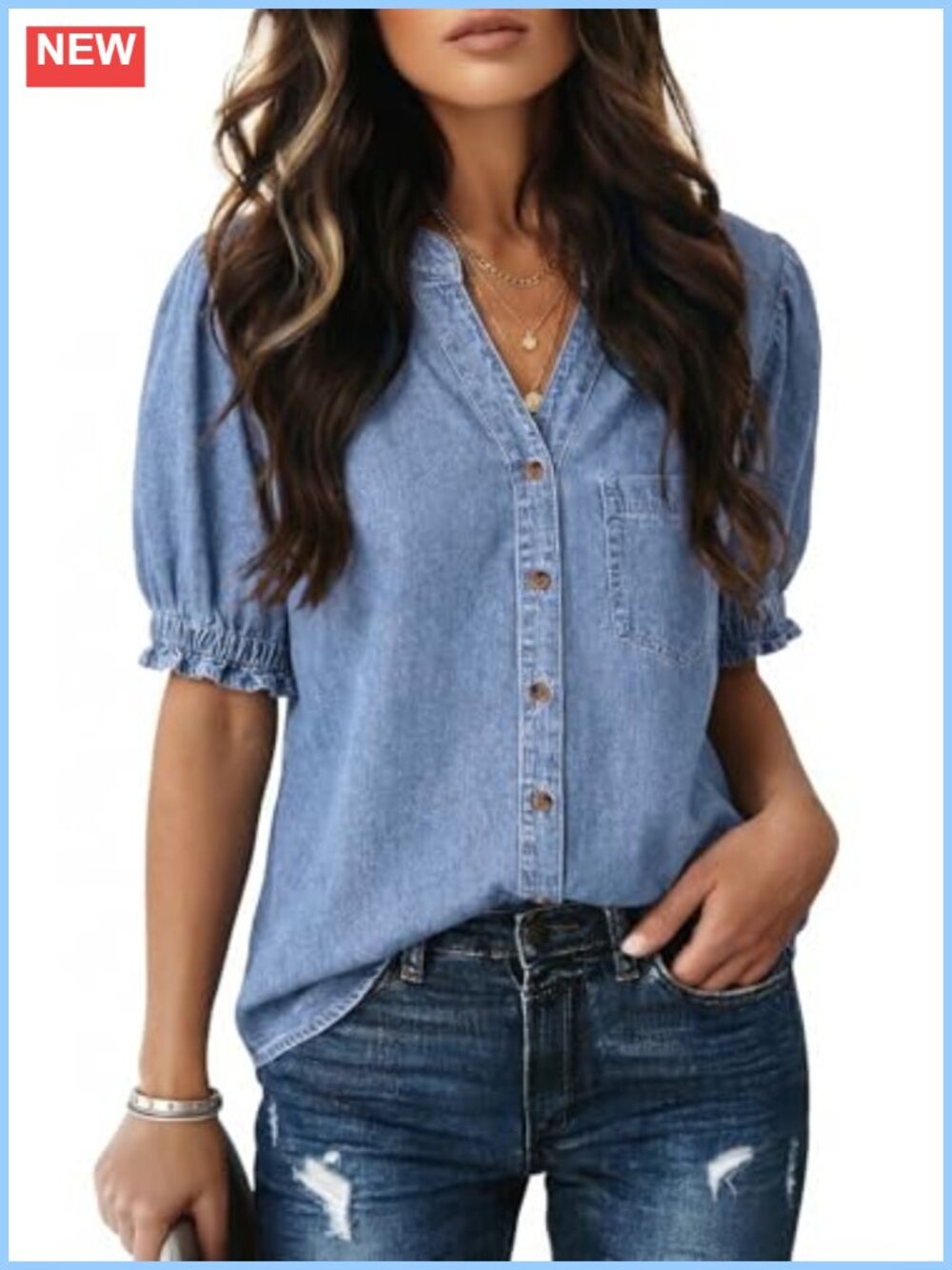 100% Cotton Denim Button Down Shirt Women Short Sleeve V Neck Blouse Summer